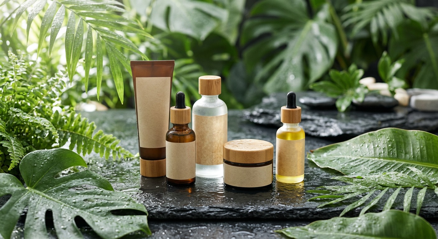 Produk Skincare Organik Nusantara Botanica di antara dedaunan hijau alami